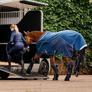 Horse entering a trailer with it's trainer